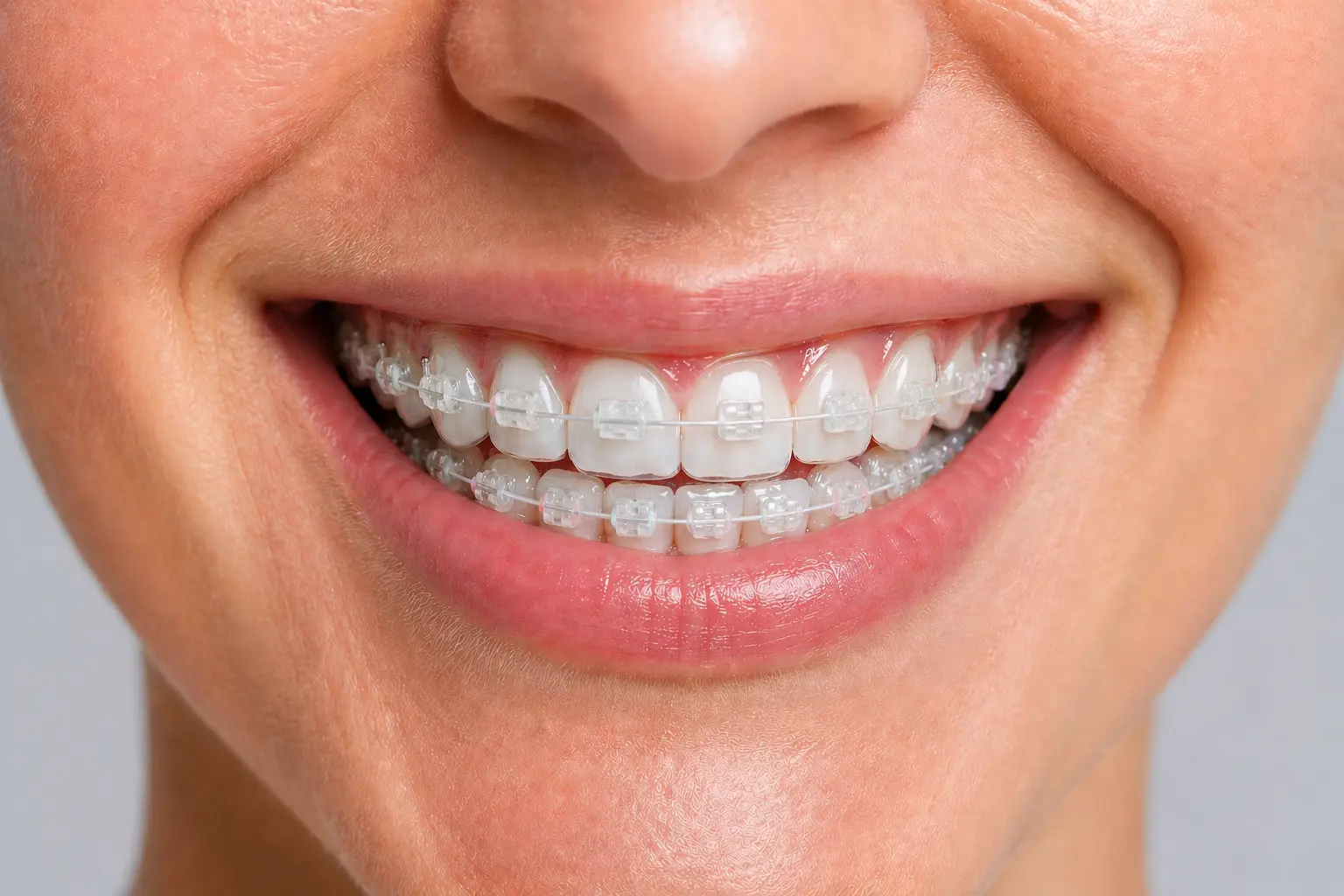 Brackets estéticos de cerámica color diente en sonrisa adulta — Sevilla