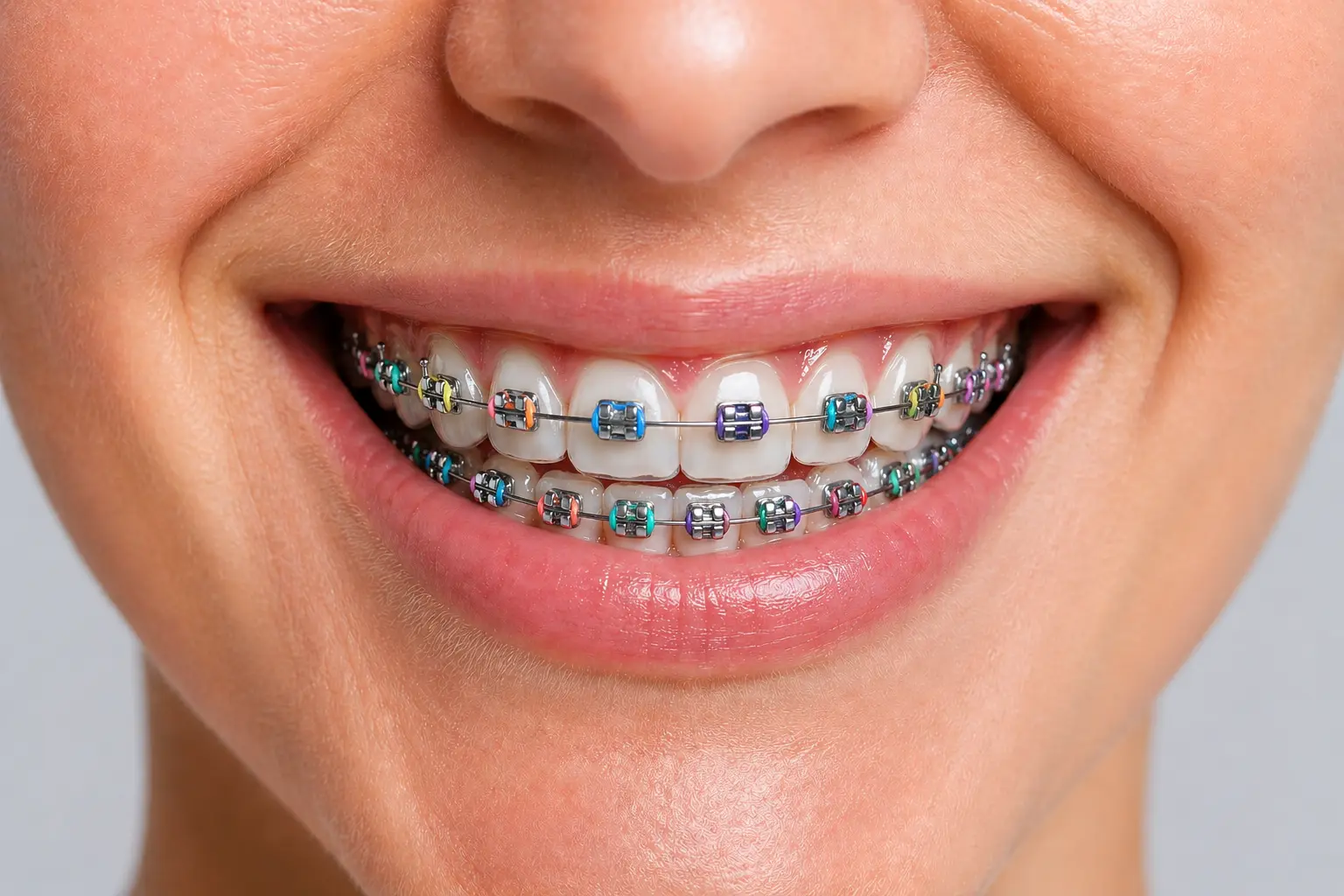 Brackets metálicos con ligaduras de colores en sonrisa adulta, ortodoncia en Sevilla con la Dra. Amalfi Mármol